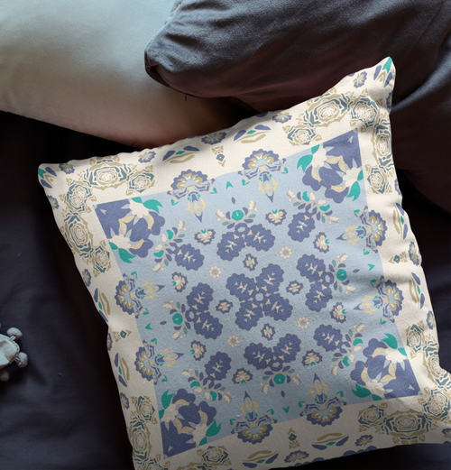 28" X 28" Off White And Blue Broadcloth Floral Throw Pillow