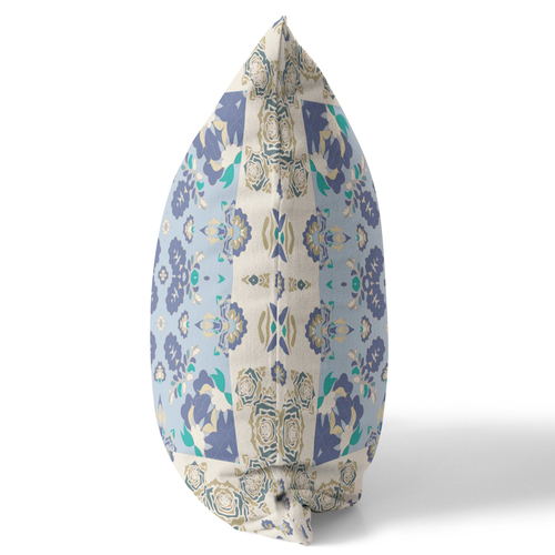 26" X 26" Off White And Blue Broadcloth Floral Throw Pillow