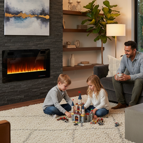 36" Black Metal Electric Fireplace