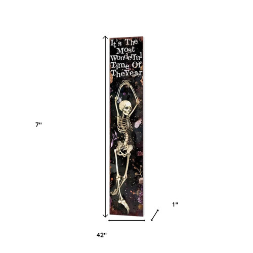 7" Black And White Solid Wood It's The Most Wonderful Time Of The Year Halloween Skeleton Garden Stake
