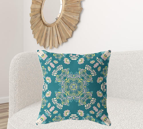 28" X 28" Green And Yellow Broadcloth Floral Throw Pillow