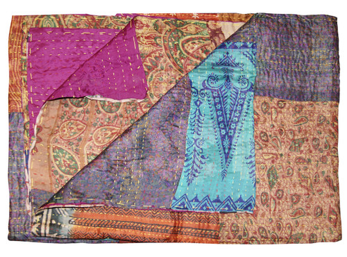 50" X 70" Beige Purple And Orange Silk Quilted Floral Throw Blanket with Embroidery