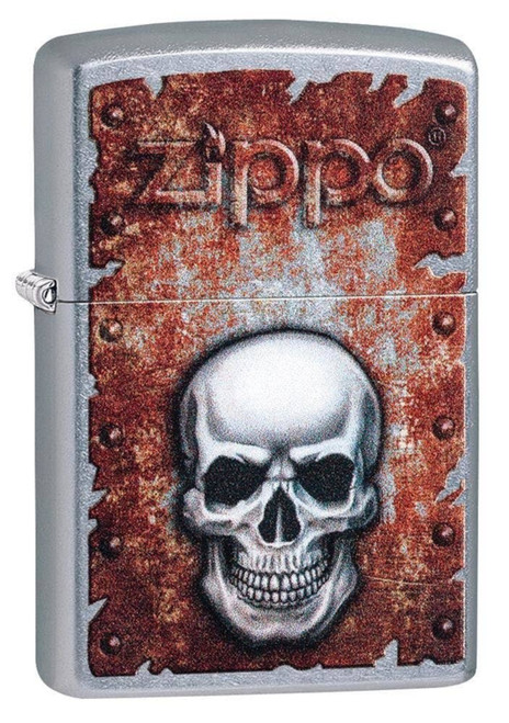 Zippo Rusted Skull w/ Zippo Logo Street Chrome Finish Windproof Lighter 