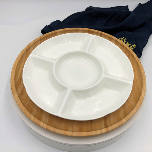 Bamboo and fine porcelain 5 section divided dish/plate setting  