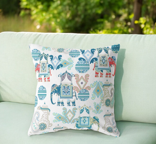 28" X 28" Blue And White Broadcloth Floral Throw Pillow
