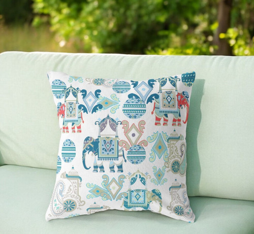 28" X 28" Blue And White Broadcloth Floral Throw Pillow