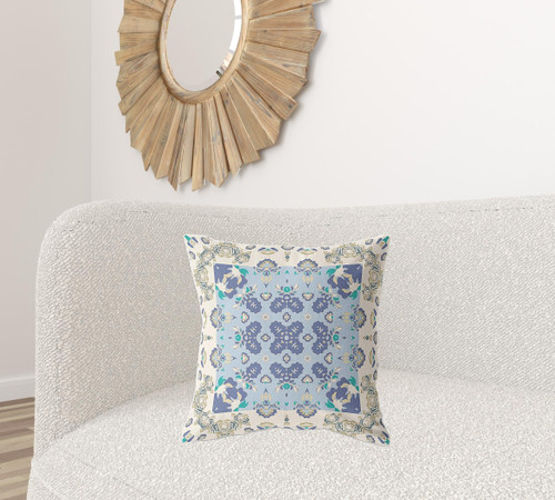 20" X 20" Off White And Blue Broadcloth Floral Throw Pillow