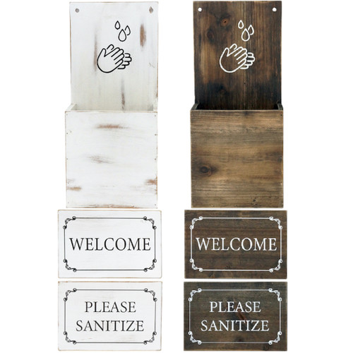 8" Set of Two Brown And White Solid Wood Welcome Please Sanitize Porch Sign