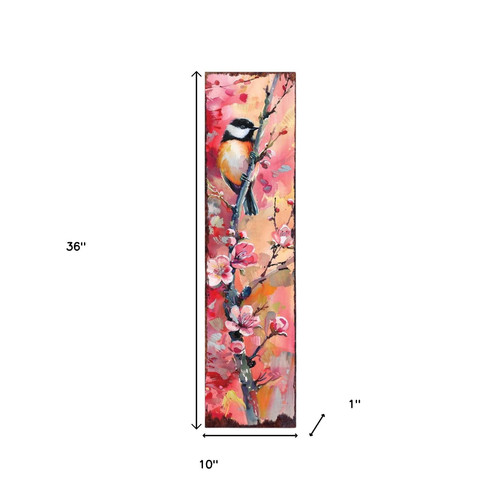 36" Pink Black And Orange Solid Wood Watercolor Floral Chickadee Porch Sign