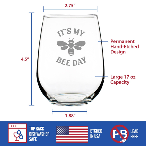 Bee Day Stemless Wine Glass - Honey Bee Birthday Gifts