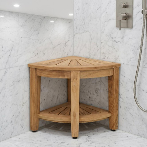 18" X 16" Brown Teak Corner Shower Bench With Shelf