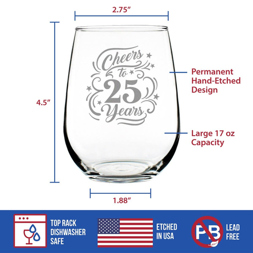 Cheers 25  Stemless Wine Glass - 25th Anniversary Gifts