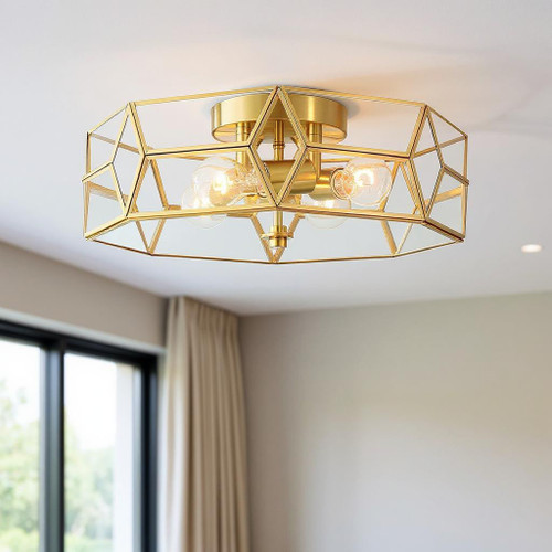 Brass Unique Statement Four Light Metal Dimmable Flush Chandelier With Clear Shades