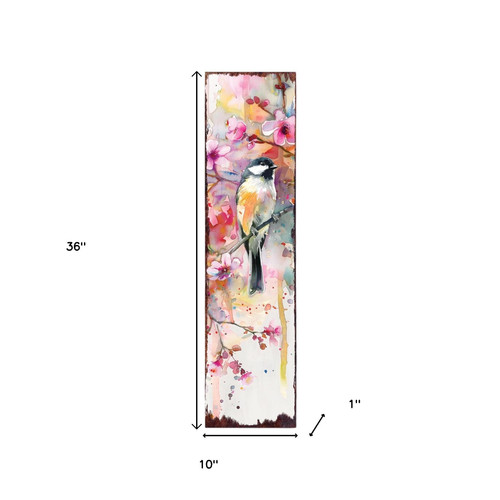 36" Pink White Black And Yellow Solid Wood Watercolor Floral Chickadee Porch Sign