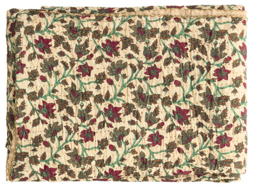 50" X 70" Cream Brown And Red Cotton Quilted Floral Throw Blanket with Embroidery