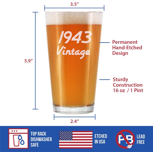 Vintage 1943 Pint Glass for Beer - 81st Birthday Gifts