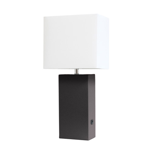 21" Espresso Faux Leather USB Table Lamp LED With White Shade