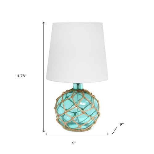 15" Aqua Glass Round Table Lamp With White Drum Shade