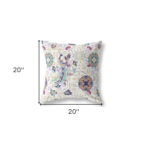 20" X 20" White And Purple Broadcloth Floral Throw Pillow