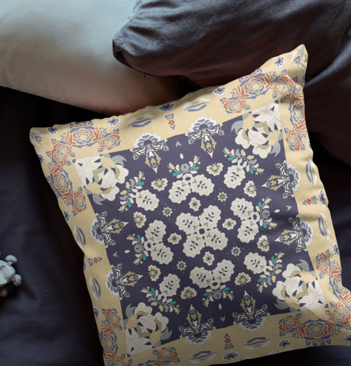 28" X 28" Yellow And Navy Broadcloth Floral Throw Pillow