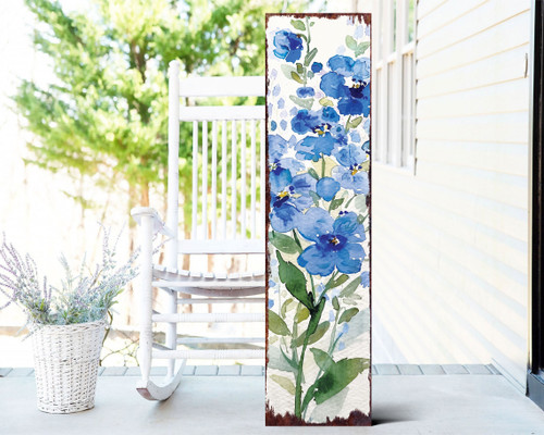 36" Blue White And Green Solid Wood Watercolor Floral Porch Sign