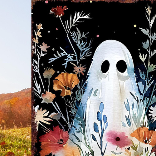 10" Black Orange Blue And Yellow Solid Wood Wildflowers Halloween Ghost Garden Stake