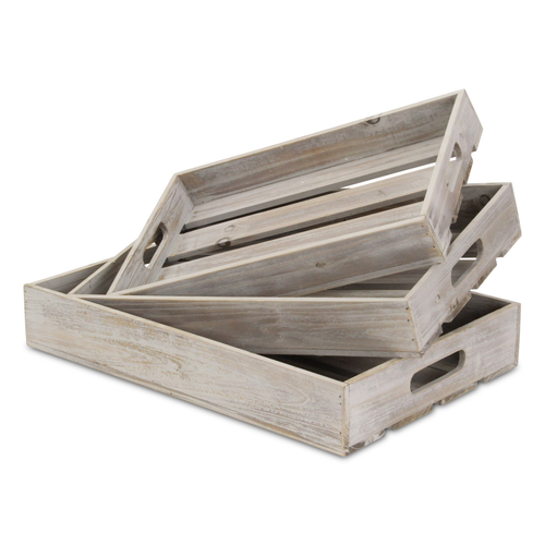 19" Gray Rectangular Wood Handmade Tray With Handles