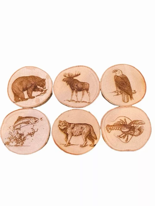 Engraved Birch Log Slice Coasters North American Wildlife 3 1/2"-4 1/2" Diameter Set of Six
