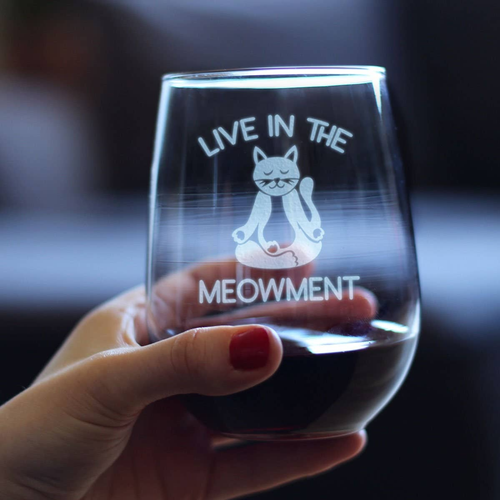 Live in Meowment Stemless Wine Glass - Cat Yoga Gifts