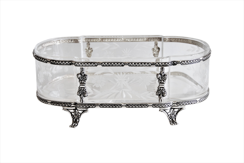 Oval Sterling Dish with Etched Glass Insert & Sterling Frame