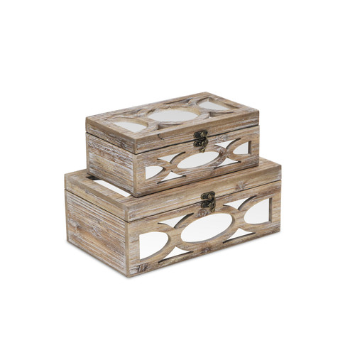 Set of Two Natural And White Solid Wood And Mirrored Glass Box With Lid