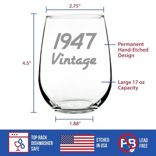 Vintage 1947 Stemless Wine Glass - 77th Birthday Gifts