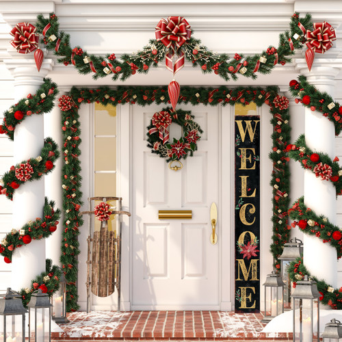 72" Black Gold Red And Green Christmas Poinsettia Solid Wood Porch Sign