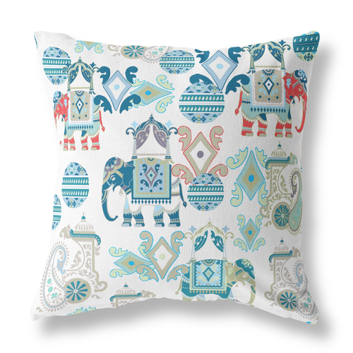 26" X 26" Blue and White Elephant Indoor Outdoor Throw Pillow