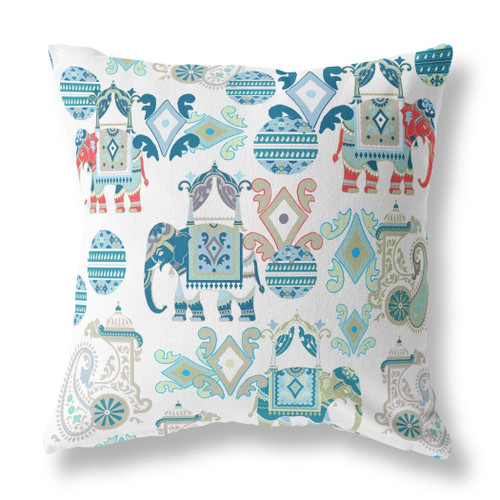 26" X 26" Blue and White Elephant Indoor Outdoor Throw Pillow