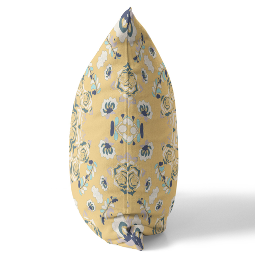 26" X 26" Yellow And Blue Broadcloth Floral Throw Pillow