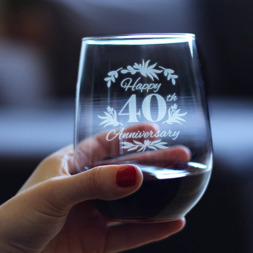 Floral 40 Stemless Wine Glass 40th Anniversary Gift