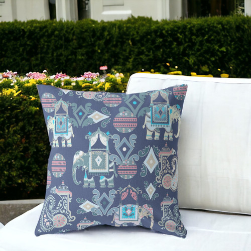 18" X 18" Blue And Gray Broadcloth Floral Throw Pillow