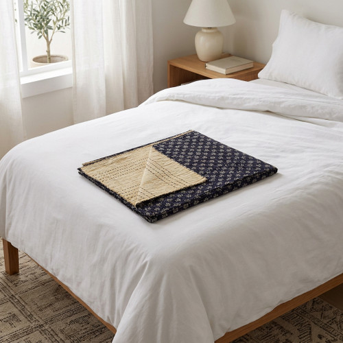 50" X 70" Black And Ivory Cotton Quilted Floral Throw Blanket with Embroidery