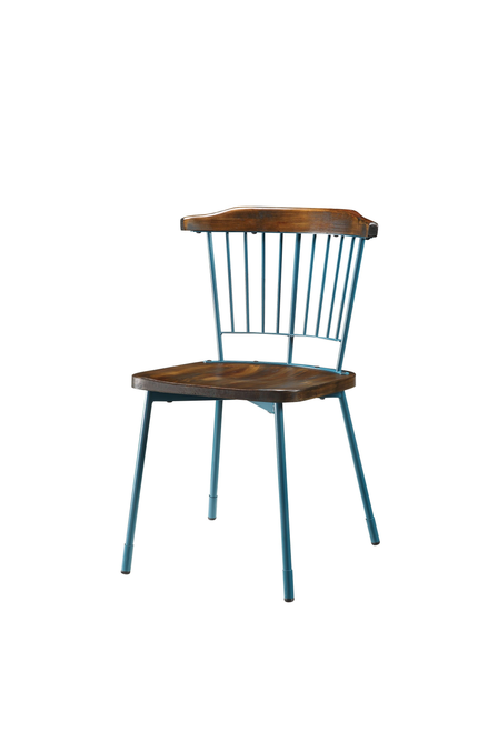 Set of Two Brown And Teal Blue Wood Windsor Back Dining Side Chairs
