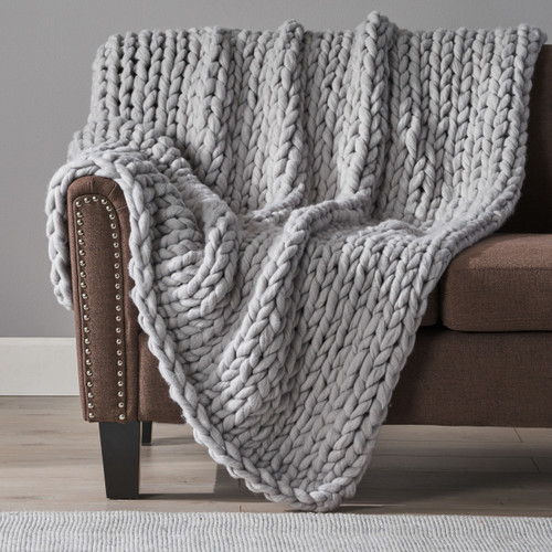 50" X 60" Light Gray Wool Acrylic Blend Knitted Plush Throw Blanket