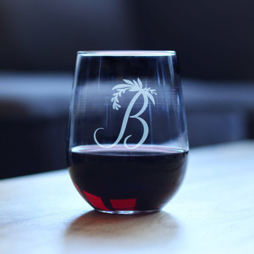 Monogram Floral B Stemless Wine Glass - B Initial Gifts