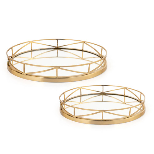 Set of Two Gold Solid Wood Round Vanity Tray