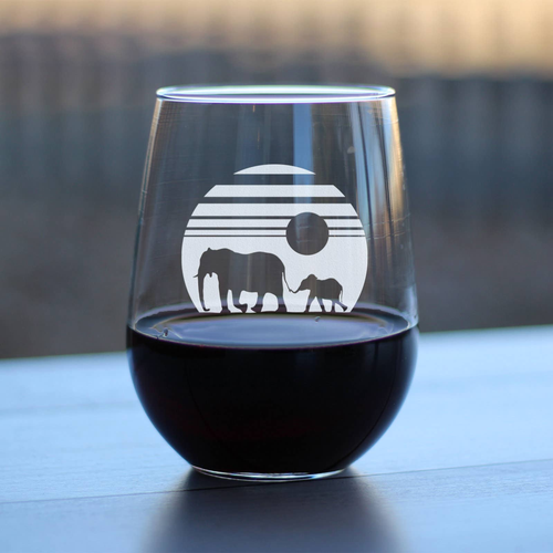 Elephant Sunset Stemless Wine Glass - African Animal Gifts