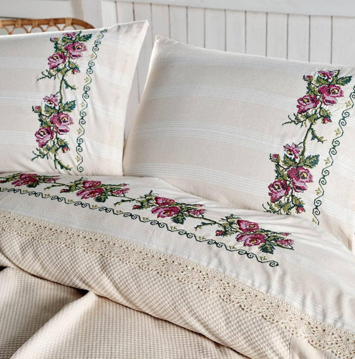 Bed Sheet Set of 3 Embroidered Spread 100% Organic Cotton