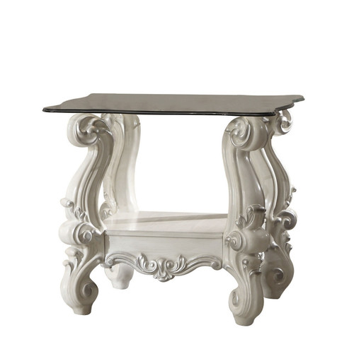 26" Antiqued White And Clear Glass Scroll Square End Table With Shelf