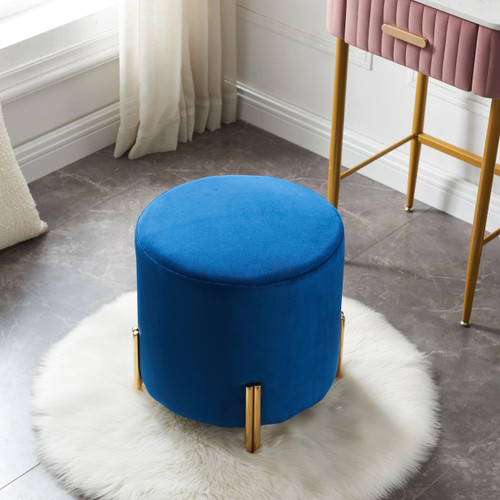 17" Blue Velvet And Gold Round Storage Ottoman