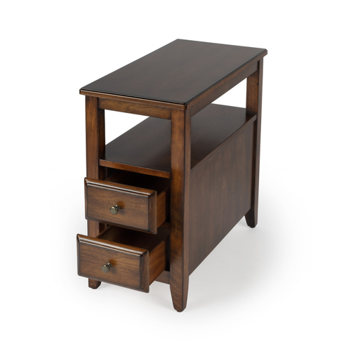 24" Brown Distressed End Table With Two Drawers And Shelf