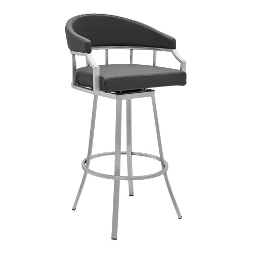 Homeroots Living Room 40" Gray Faux Leather and Iron Swivel Low Back Bar Height Chair, Gray