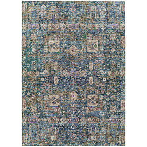 10' X 14' Green Navy Blue And Ivory Oriental Washable Indoor Outdoor Area Rug